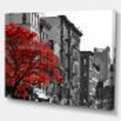 Red Tree on Black and White New York City Street  Canvas