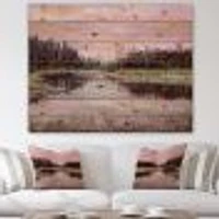 Still Life With Pink Sky River Reeds And Forest Wood Wall Art