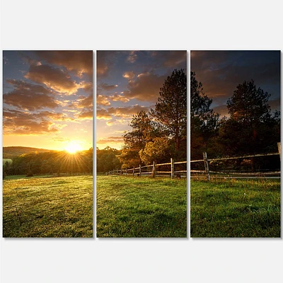 Fenced Ranch at Sunrise  Canvas Wall Art - 3 Panels
