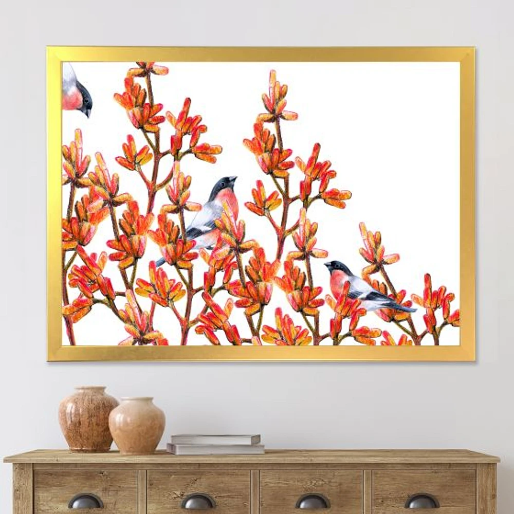 Toile « Flock of Bullfinches Birds on Orange Branches »