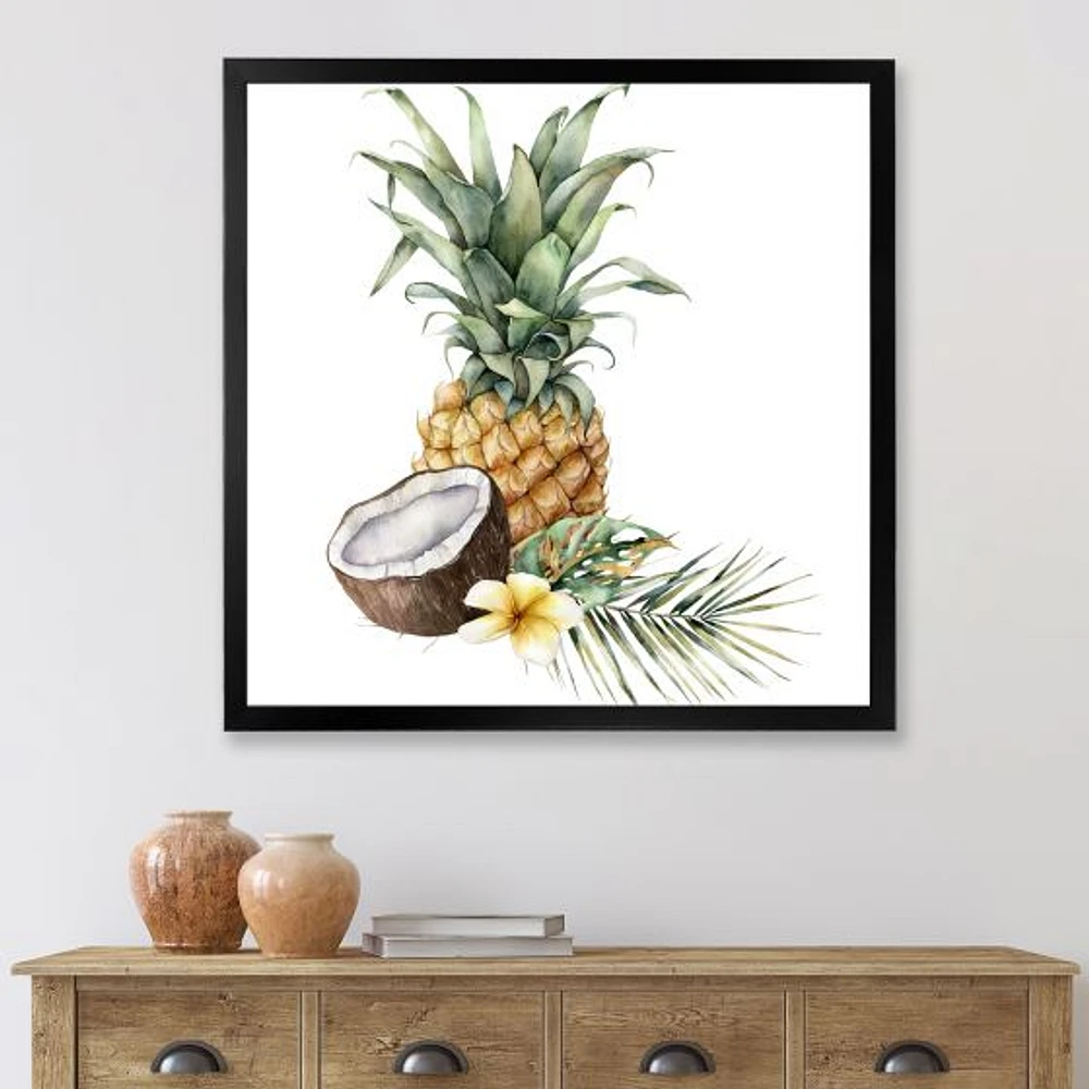 Pineapple with Coconut Plumeria and Palm Leaves  Canvas Wall Art Print