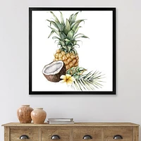 Pineapple with Coconut Plumeria and Palm Leaves  Canvas Wall Art Print