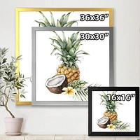 Pineapple with Coconut Plumeria and Palm Leaves  Canvas Wall Art Print
