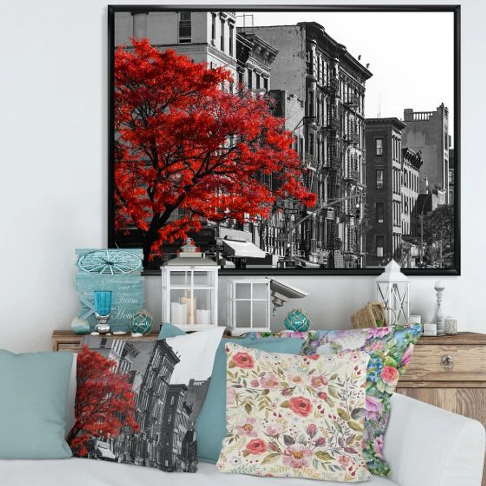 Red Tree on Black and White New York City Street  Canvas