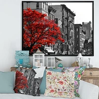 Red Tree on Black and White New York City Street  Canvas