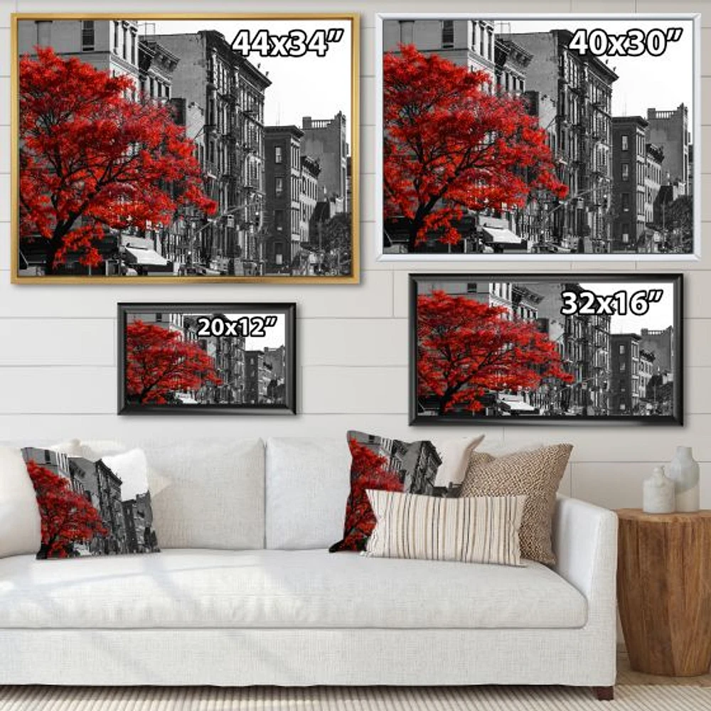 Red Tree on Black and White New York City Street  Canvas
