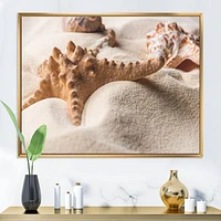 Close Up of Starfish and Seashell on Light Sand Canvas Wall Art Print