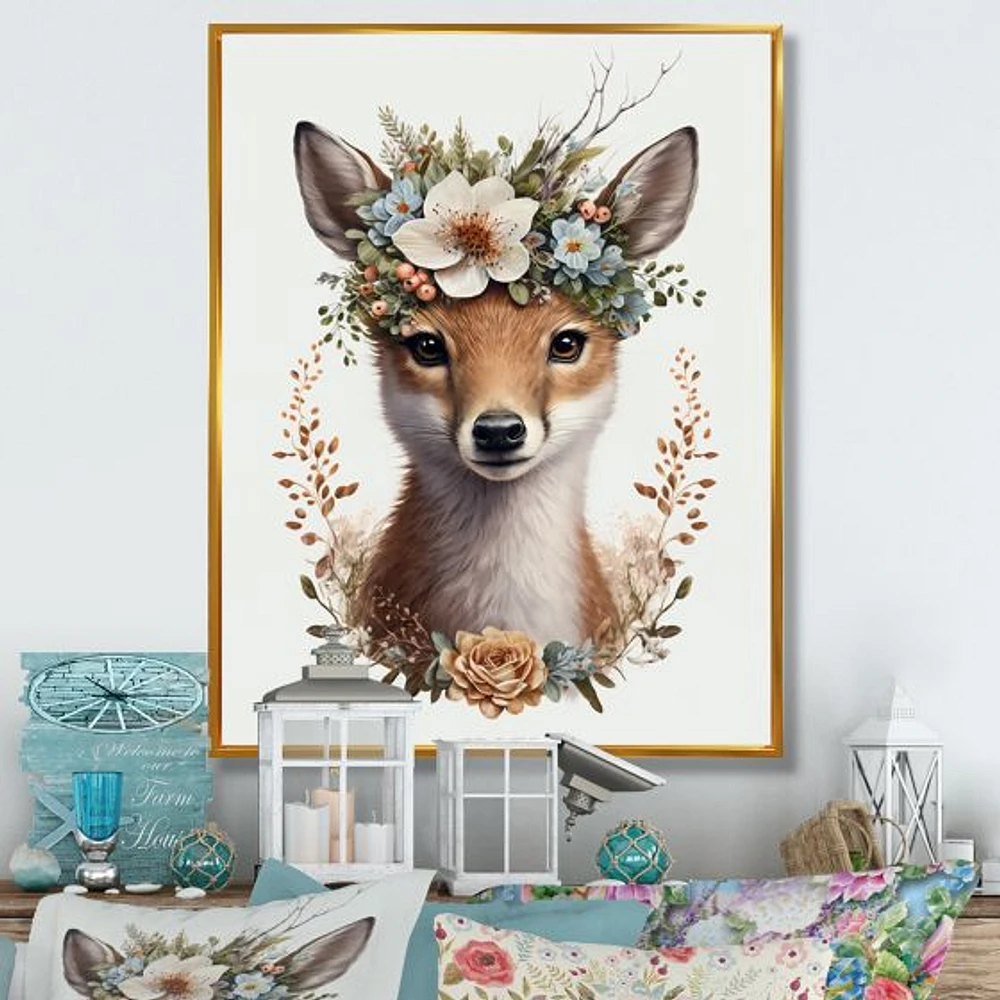 Cute Baby Fox With Floral Crown Wall Art