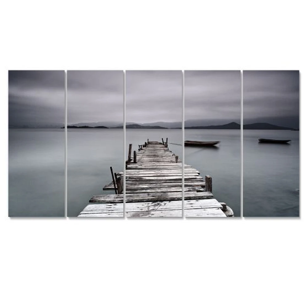 Pier and Boats at Seashore Canvas Wall Art