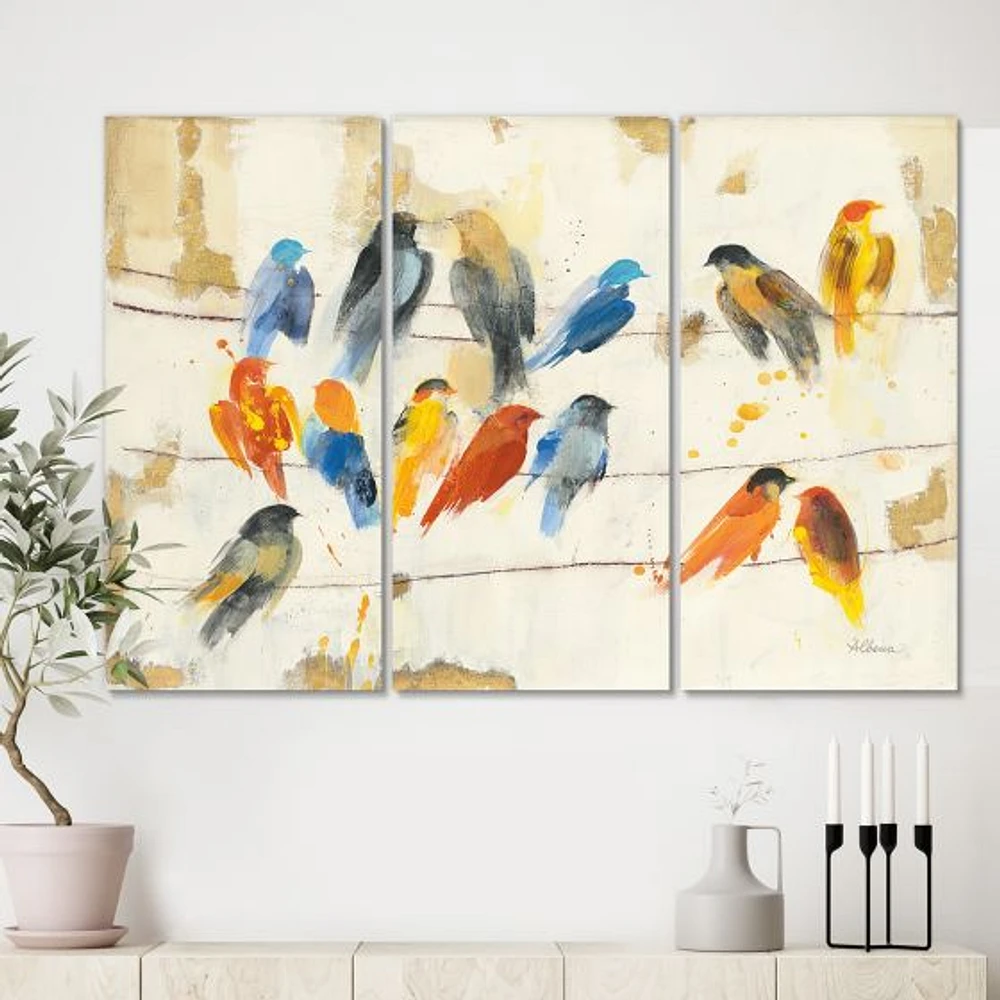 Multicolor Bird Meeting Canvas Wall Art - 3 panels