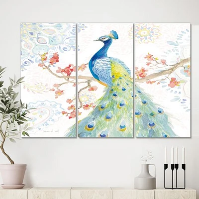 peacocks Watercolor II Canvas Wall Art - 3 Panels