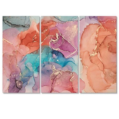 Turquoise and Brown 3 Pieces Luxury Abstract Fluid Art II  Canvas Wall Print
