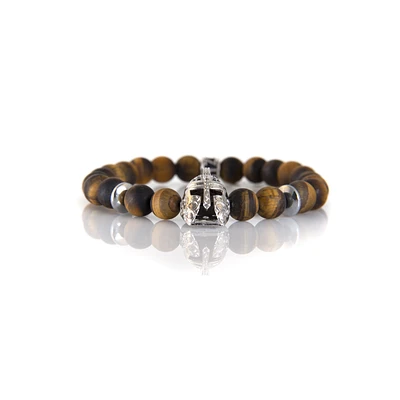 Luenzo Tiger Eye and Silver Cubic Zirconia Warrior Helmet Bracelet