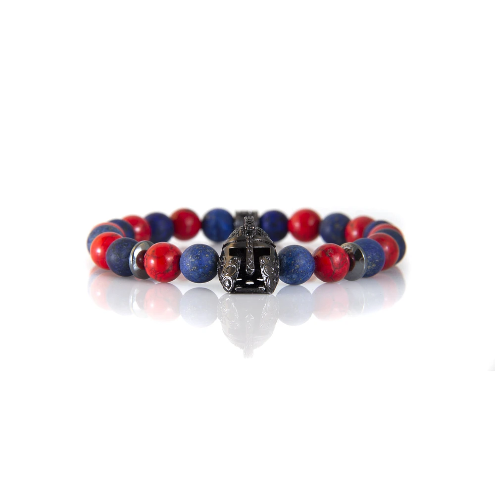 Luenzo Lapis Lazuli and Red/Black Jade with Gunmetal Warrior Helmet Bracelet