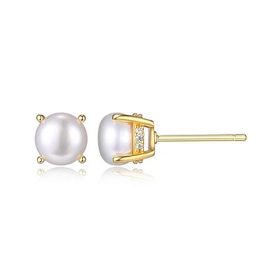 Reign Sterling Silver & Cubic Zirconia 18K Yellow Gold Plated Genuine Pearl Stud Earrings