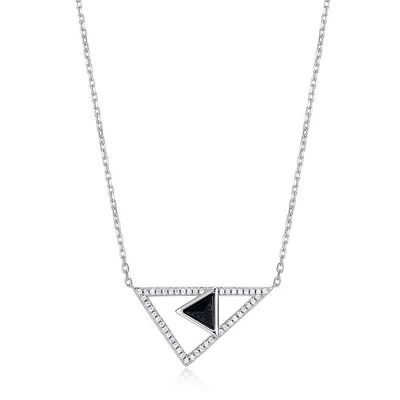 ELLE Sterling Silver, Cubic Zirconia & Genuine Black Agate Double Triangle Necklace