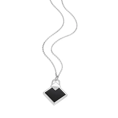 ELLE Sterling Silver, Cubic Zirconia & Genuine Black Agate Square Lock Pendant Necklace