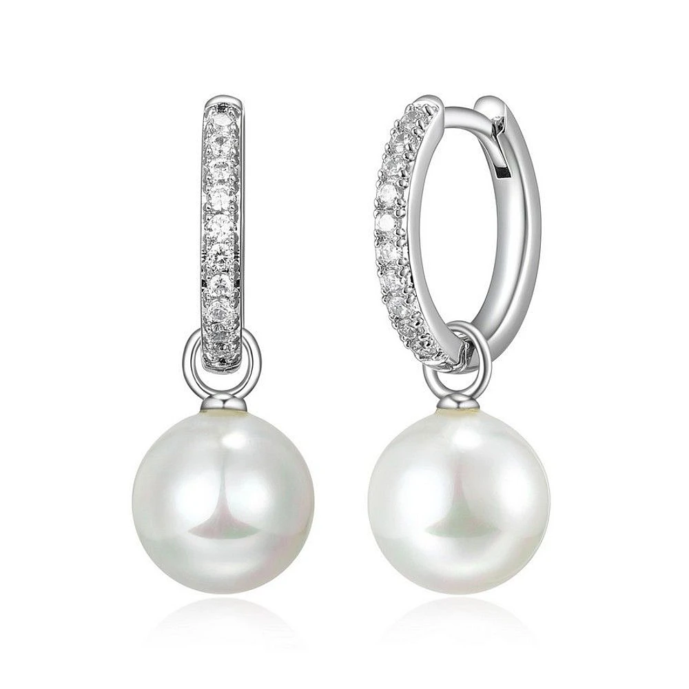 Reign Sterling Silver & Cubic Zirconia 2-in-1 Removable Shell Pearl Huggie Hoop Earrings