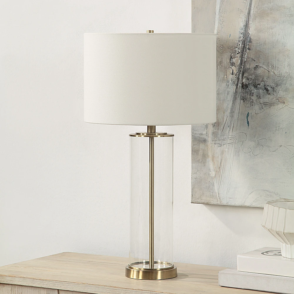 Saco 28" Tall Satin Brass Glass Table Lamp with Drum Linen Shade (Set of 2)