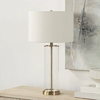 Saco 28" Tall Satin Brass Glass Table Lamp with Drum Linen Shade (Set of 2)