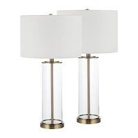Saco 28" Tall Satin Brass Glass Table Lamp with Drum Linen Shade (Set of 2)