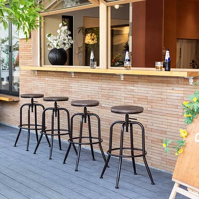 Set of 4 Rustic Oak Swivel Barstools Adjustable Height