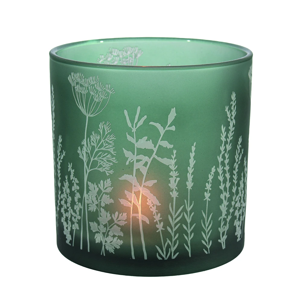Green Frosted Glass Candle Holder with Wildflowers Decal