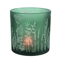 Green Frosted Glass Candle Holder with Wildflowers Decal