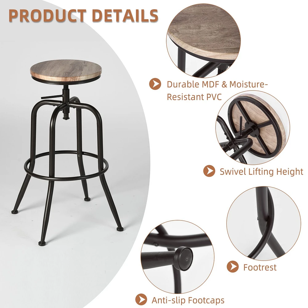 Ensemble de tabourets de bar pivotants en chêne rustique à hauteur réglable
