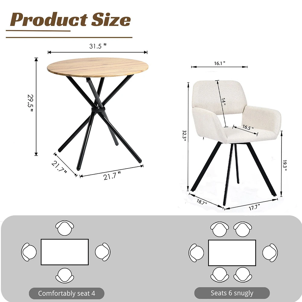 3-Piece Dining Set Oak Round Table With Beige Swivel Chairs by Maison Classique