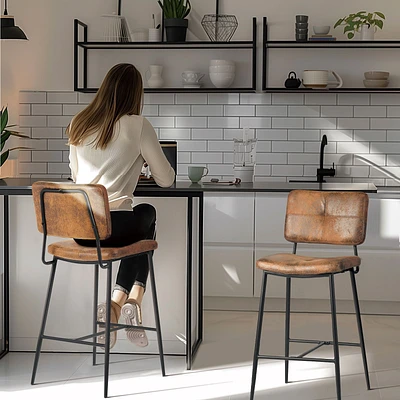 Set of 2 Counter Height Bar Stool with Suede Upholstery and Black Metal Legs by Maison Classique