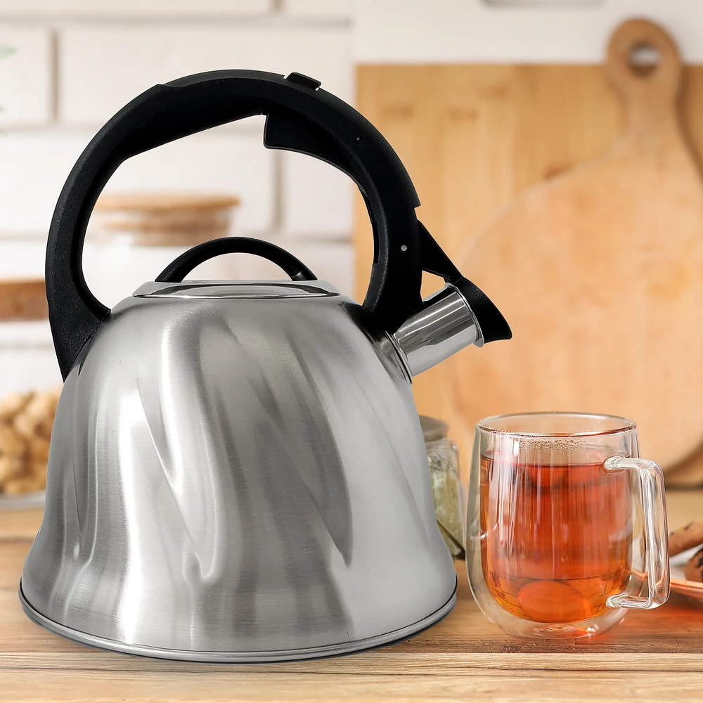 JS Gourmet Whistling Stovetop Kettle in Stainless Steel with Black Handle, 2.5L
