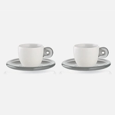 Gocce Set of 2 White/Grey Espresso Cups with Saucers
