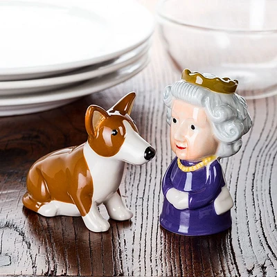 Ensemble salière et poivrière reine et corgi