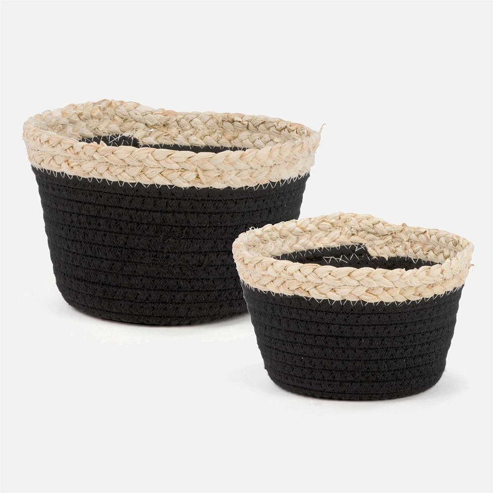 Set of 2 Storage Baskets with Natural Trim - Black