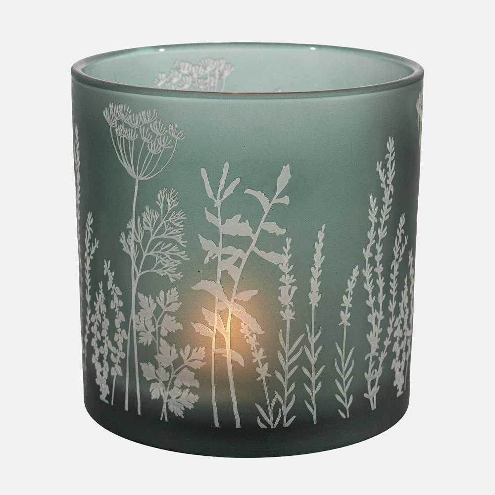 Green Frosted Glass Candle Holder with Wildflowers Decal