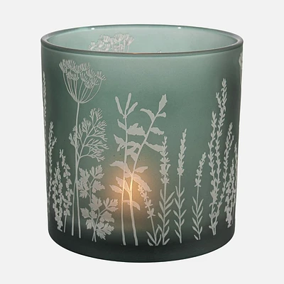 Green Frosted Glass Candle Holder with Wildflowers Decal