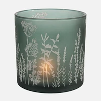 Green Frosted Glass Candle Holder with Wildflowers Decal