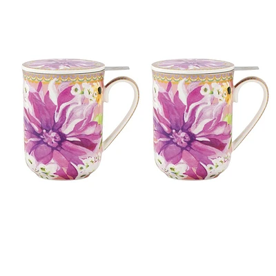 Set of 2 Dahlia Pink Mugs with Lids by Maxwell & Williams (340 ml) - Pink