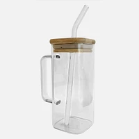 Square Glass with Bamboo Lid and Glass Straw, Set of 2 - Clear 