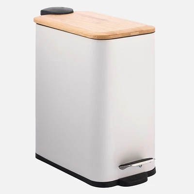 Rectangular Pedal Bin with Slim Bamboo Lid, White - 5L