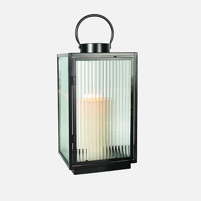 Square Large Lantern with Fluted Glass - Black