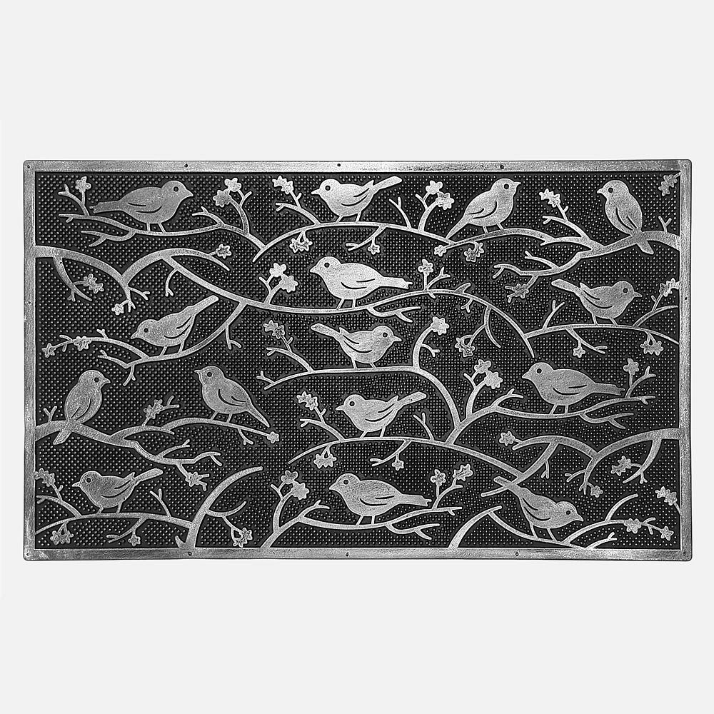 Tapis en caoutchouc - Oiseaux sur des branches, argent