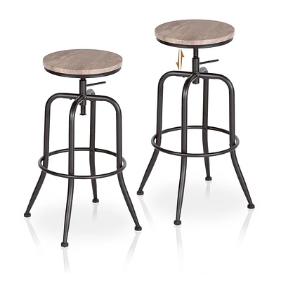 Set of 2 Rustic Oak Swivel Barstools Adjustable Height by Maison Classique
