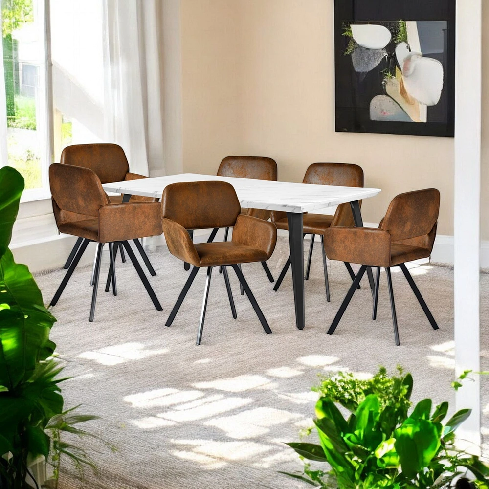 Marble Finish Dining Set with Brown Swivel Chairs, Set of 7