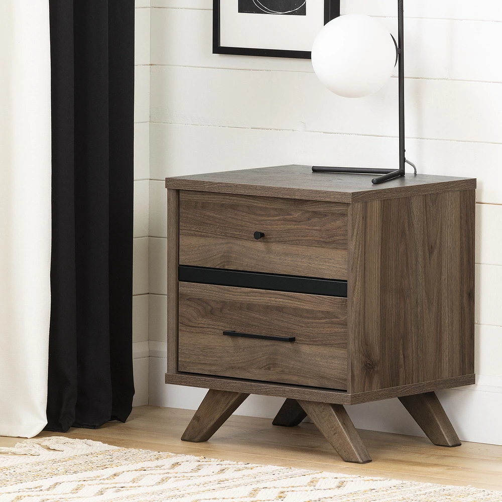 Flam 2-Drawer Nightstand in Natural Walnut and Matte Black by South Shore Furniture