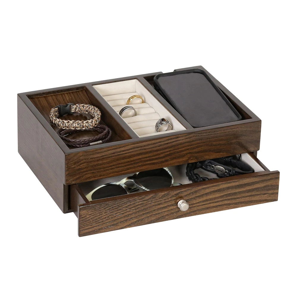 Mele and Co Rex Valet with Charging Cable - Dark Oak