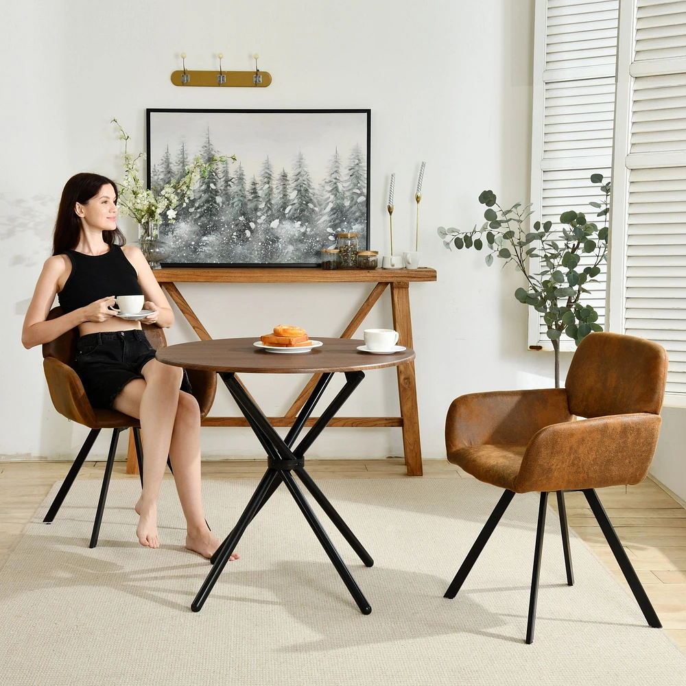 3-Piece Dining Set Walnut Round Table With Suede Brown Swivel Chairs by Maison Classique