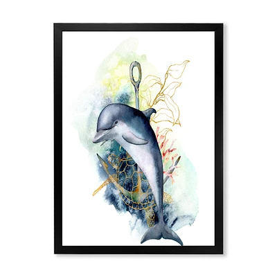 Dolphin Turtle Anchor & Linear Coral Reef Plants Canvas Wall Art Print