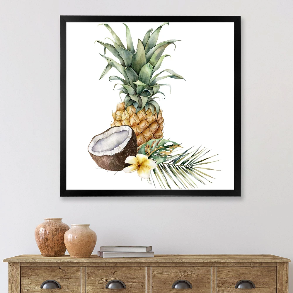 Pineapple with Coconut Plumeria and Palm Leaves  Canvas Wall Art Print